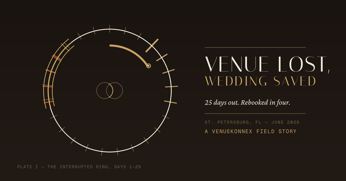 Their Wedding Venue Went Bankrupt 25 Days Out. Fixed in 4 Days — Here's the Playbook. 1 Venue lost, wedding saved — 25 days out, rebooked in four. A VenueKonnex field story from St. Petersburg, FL.